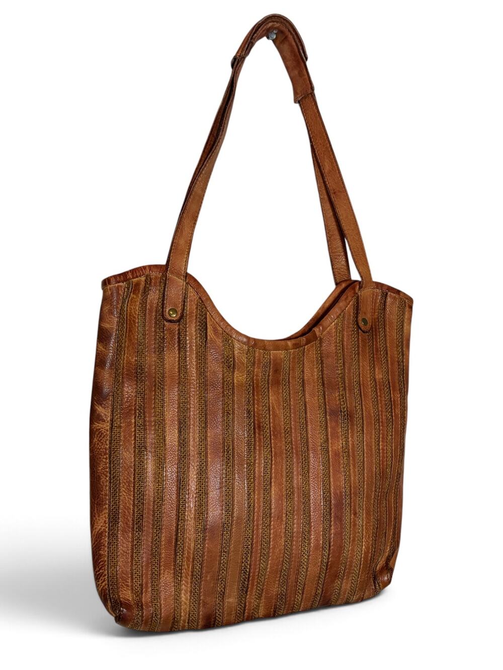 NorthStyle Tan Genuine Leather & Woven Boho Tote Bag Purse - Great Condition
